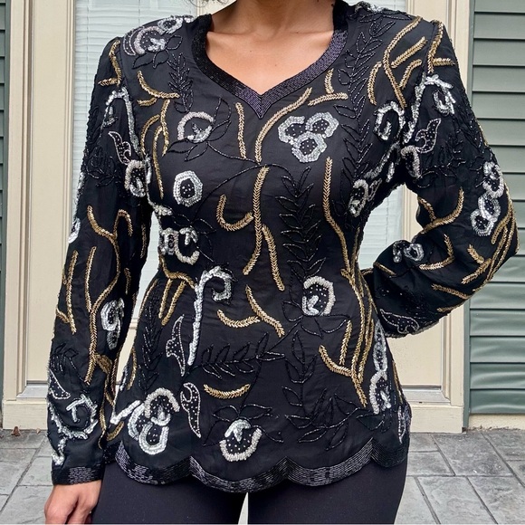 Vintage Tops - Laurence Kazar Black Sequin with Gold and Silver Embroidery